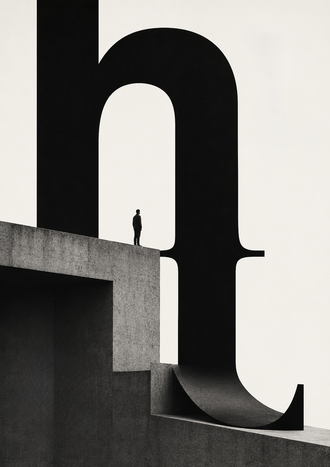 Type poster: a monumental serif letter framing a sculptural concrete alcove, with a lone figure standing on the ledge beneath it &mdash; the honesty that makes everything else trustworthy.