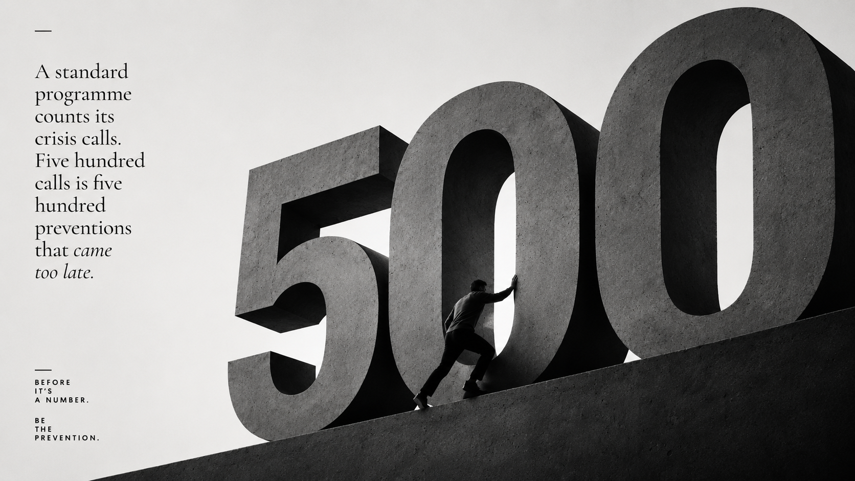 A standard programme counts its crisis calls. Five hundred calls is five hundred preventions that came too late. Before it's a number, be the prevention.
