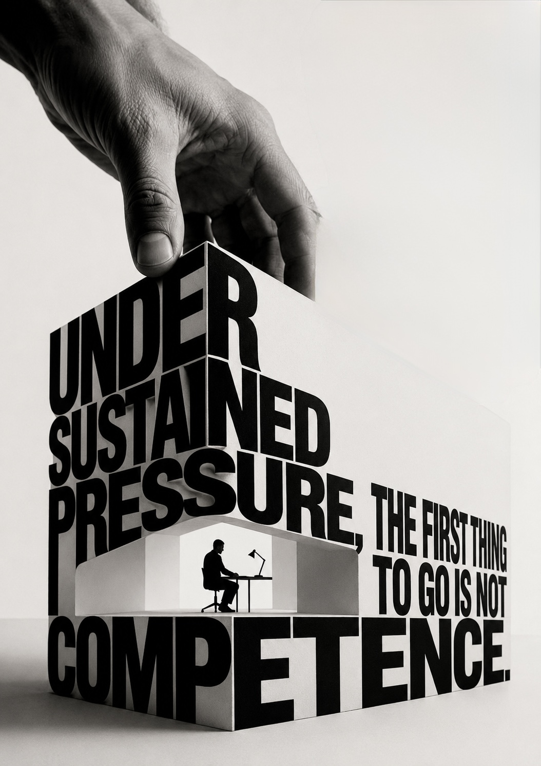 Type poster: a giant hand tilting a monumental block lettered &lsquo;UNDER SUSTAINED PRESSURE, THE FIRST THING TO GO IS NOT COMPETENCE&rsquo;, with a tiny figure working at a desk inside a lit alcove cut into the block.