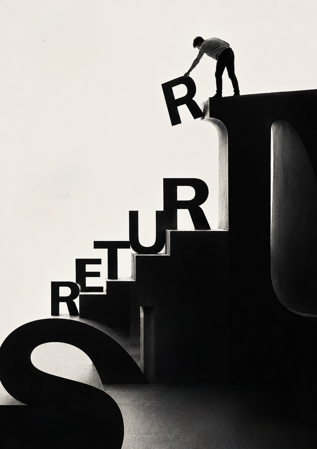 Type poster: a figure climbing a monumental staircase built from the letters of the word &lsquo;RETURNS&rsquo;, setting the final letter in place at the top &mdash; what comes back when the ground is steady.