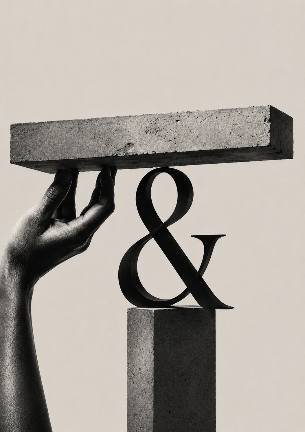 Type poster: a hand steadying a heavy concrete slab above a sculptural serif ampersand on a plinth &mdash; two things held together and kept in balance.