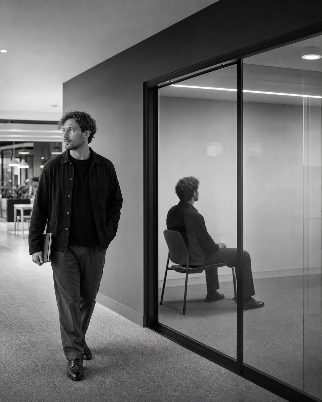 A man walks past a glass meeting room while his reflection turns inside and sits down.