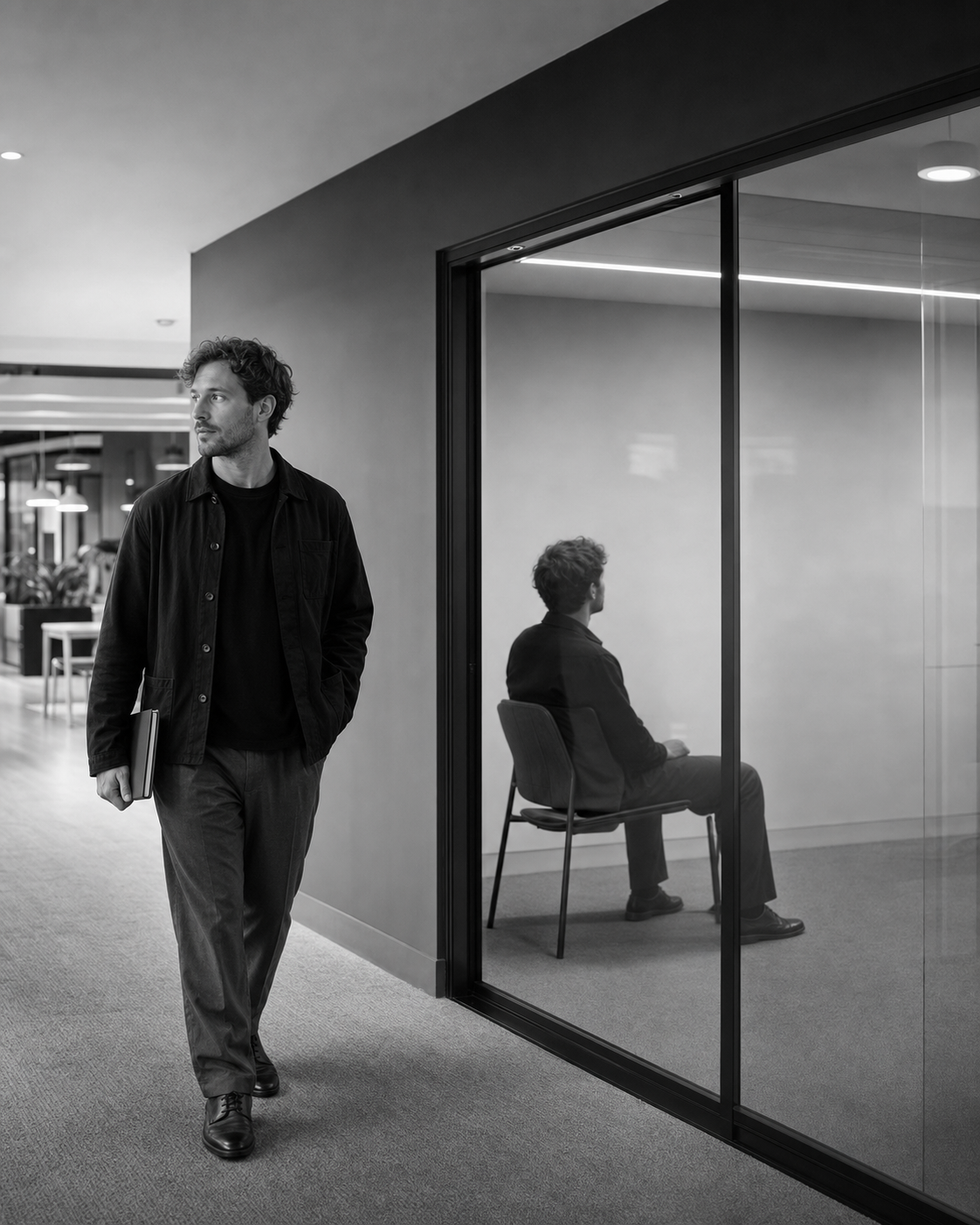 A man walks past a glass meeting room while his reflection turns inside and sits down.