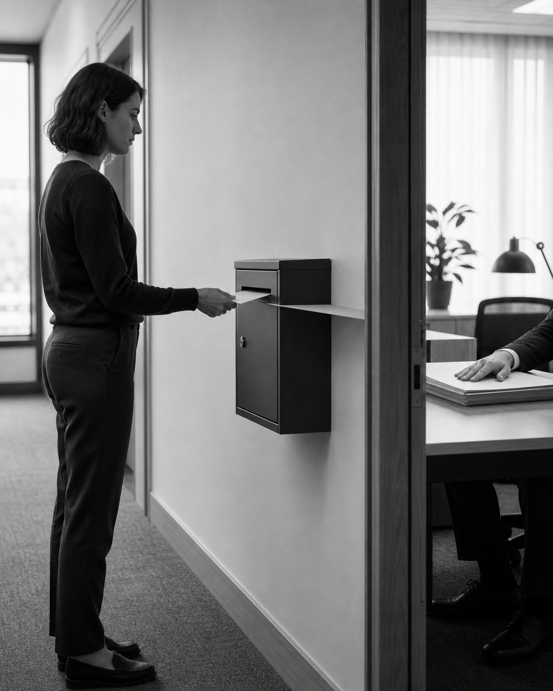 A woman posts a card into a locked wall box beside an office where a manager works on, unaware.