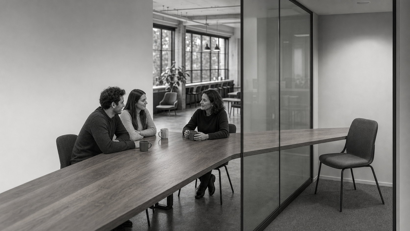 Three colleagues talking over mugs at a long table, with one empty chair waiting beyond the glass.
