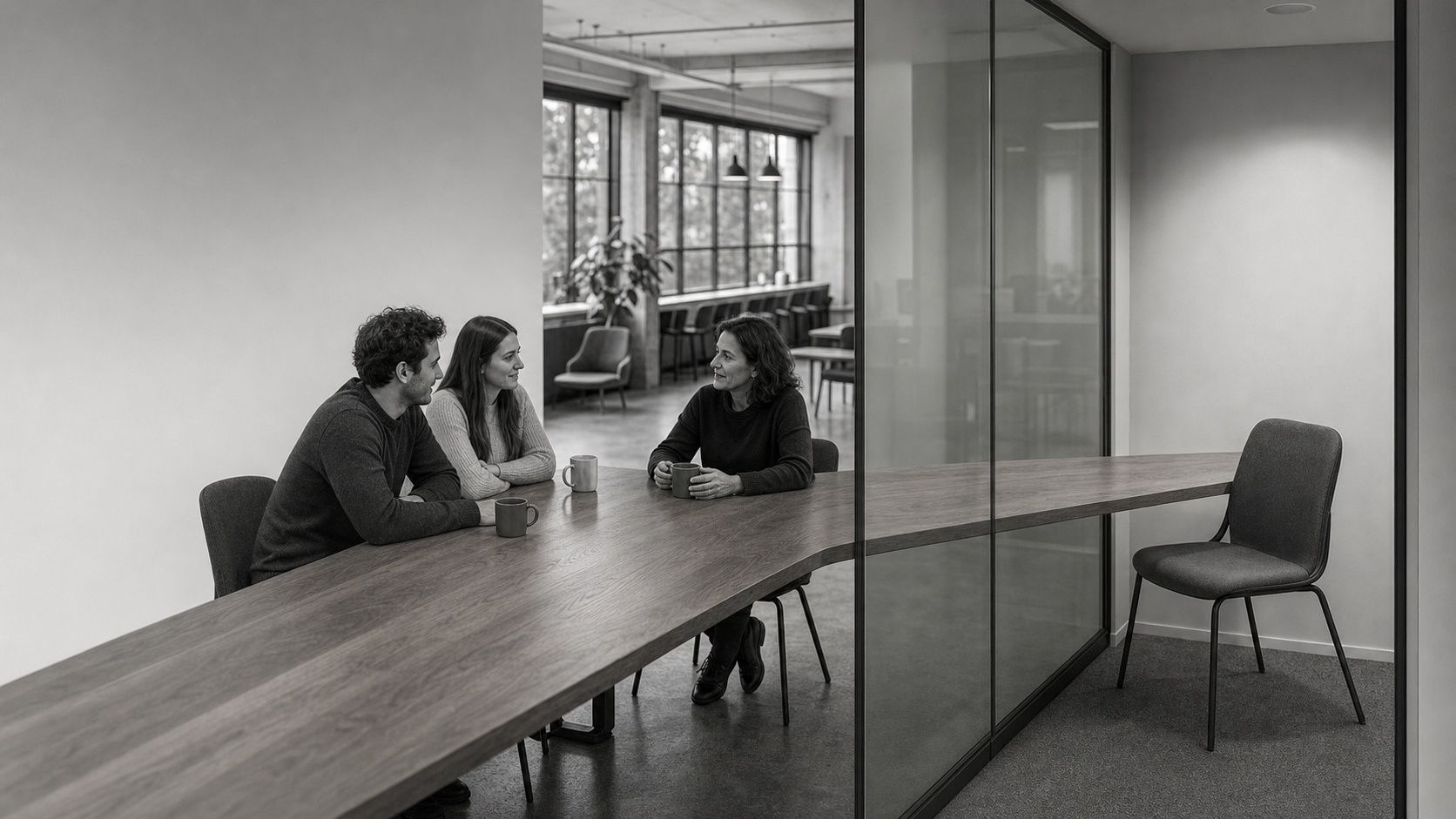 Three colleagues talking over mugs at a long table, with one empty chair waiting beyond the glass.