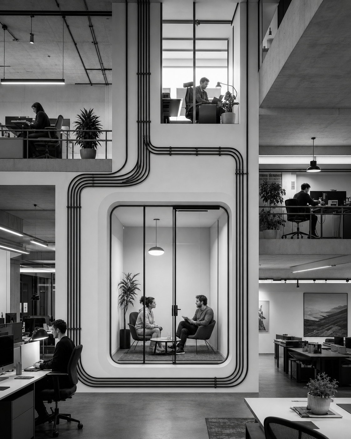 A private room set into the middle of an open office, its own services running to it, the conversation inside unheard by the desks around it.