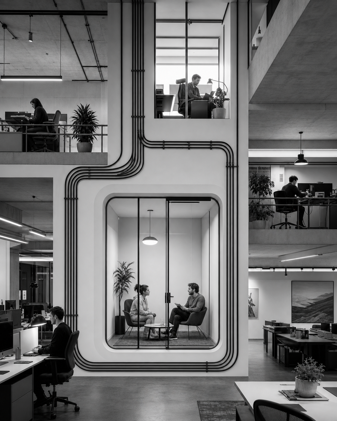 A private room set into the middle of an open office, its own services running to it, the conversation inside unheard by the desks around it.