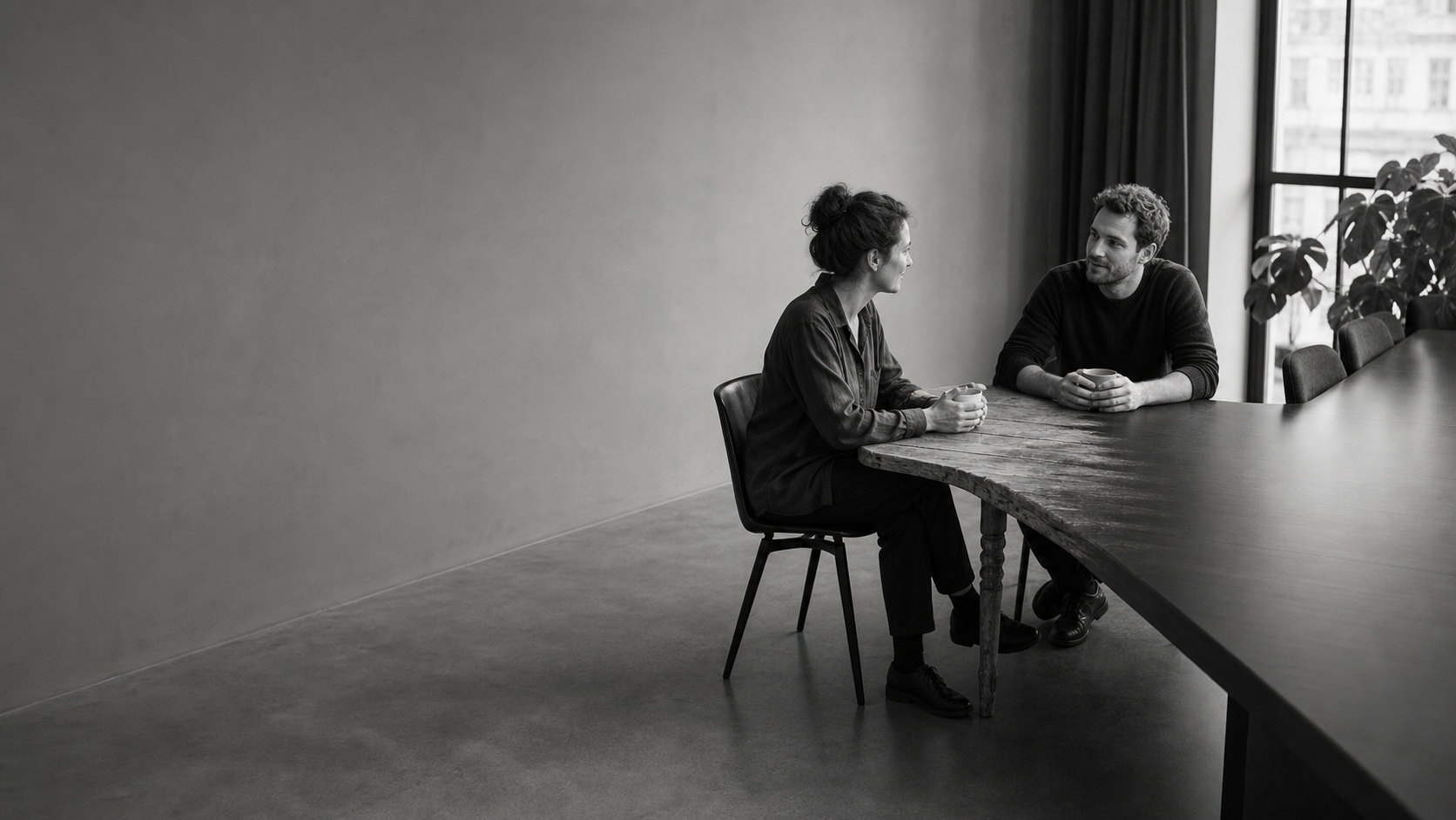 Two people talking over mugs at the end of a long table, in an unhurried room with daylight from a tall window.