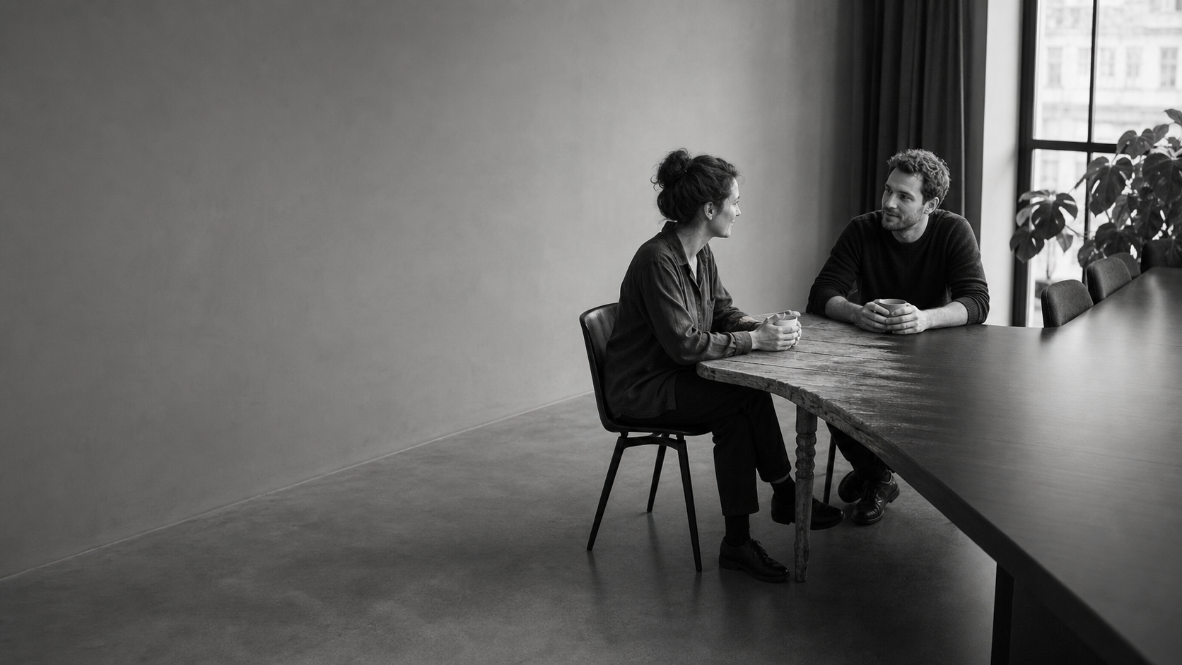 Two people talking over mugs at the end of a long table, in an unhurried room with daylight from a tall window.
