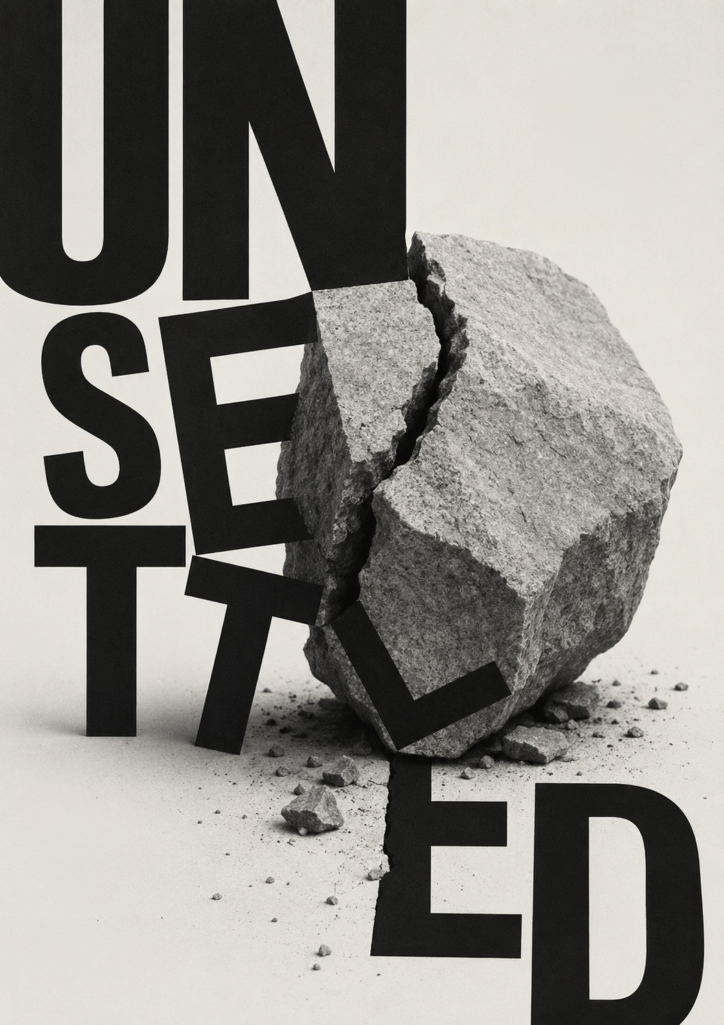 The word &lsquo;unsettled&rsquo; set in tall type, its middle letters displaced and toppling as a heavy stone splits and crumbles through them.