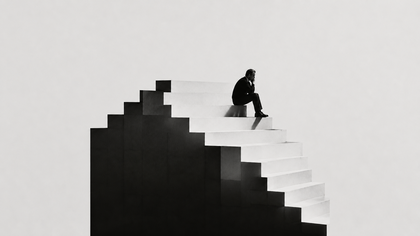 A figure sitting alone on a broad flight of pale steps that rise out of a dark block, pausing part-way up.