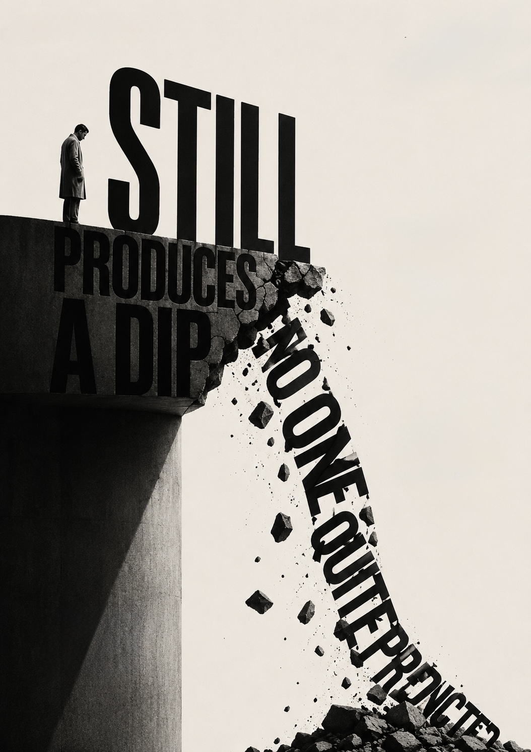 A figure standing at the edge of a concrete ledge whose lettered face &mdash; &lsquo;still produces a dip no one quite predicted&rsquo; &mdash; crumbles and pours away into rubble below.