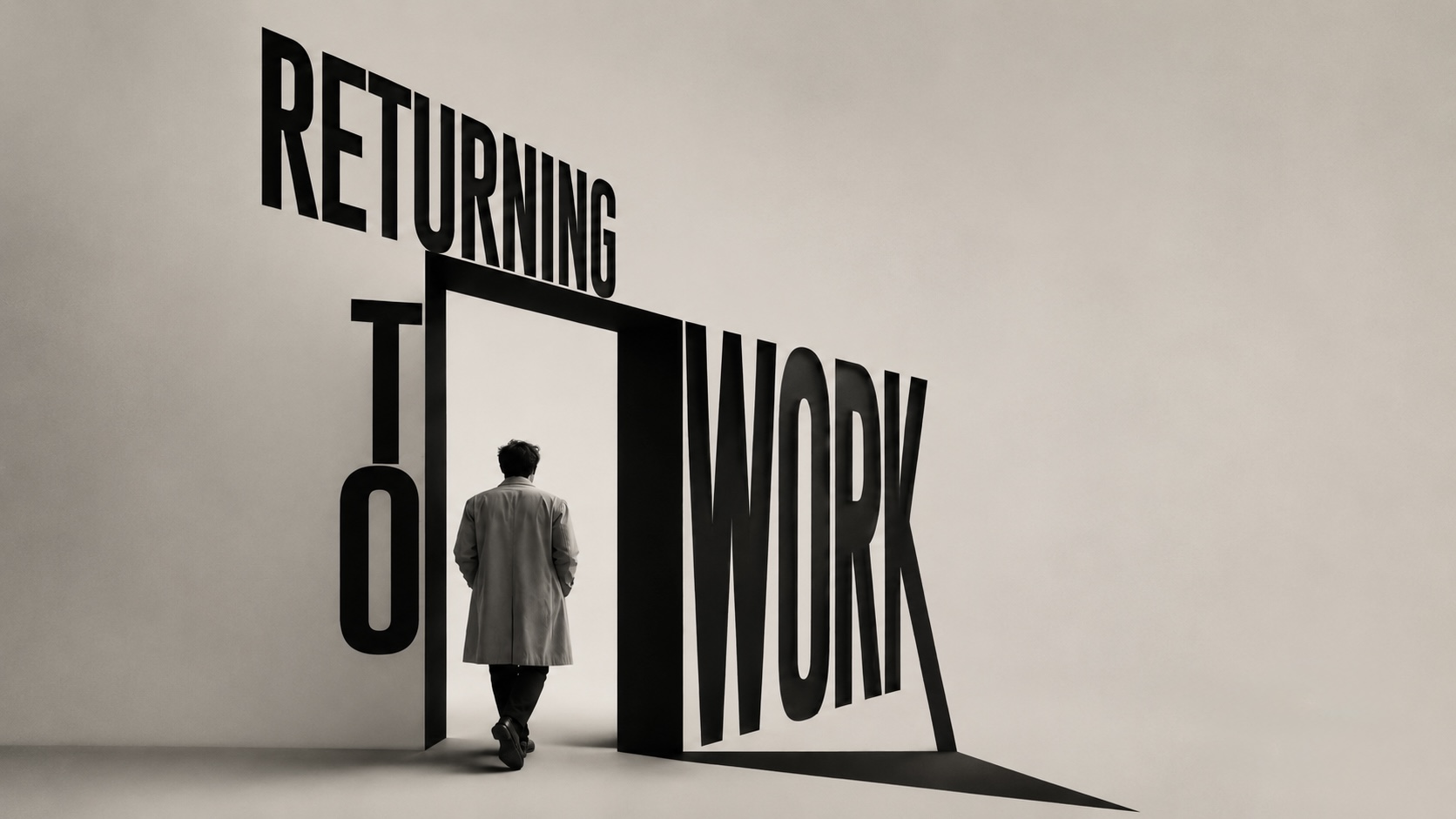 A figure walking through a doorway formed by the words &lsquo;returning to work&rsquo;, the letters casting a long shadow.
