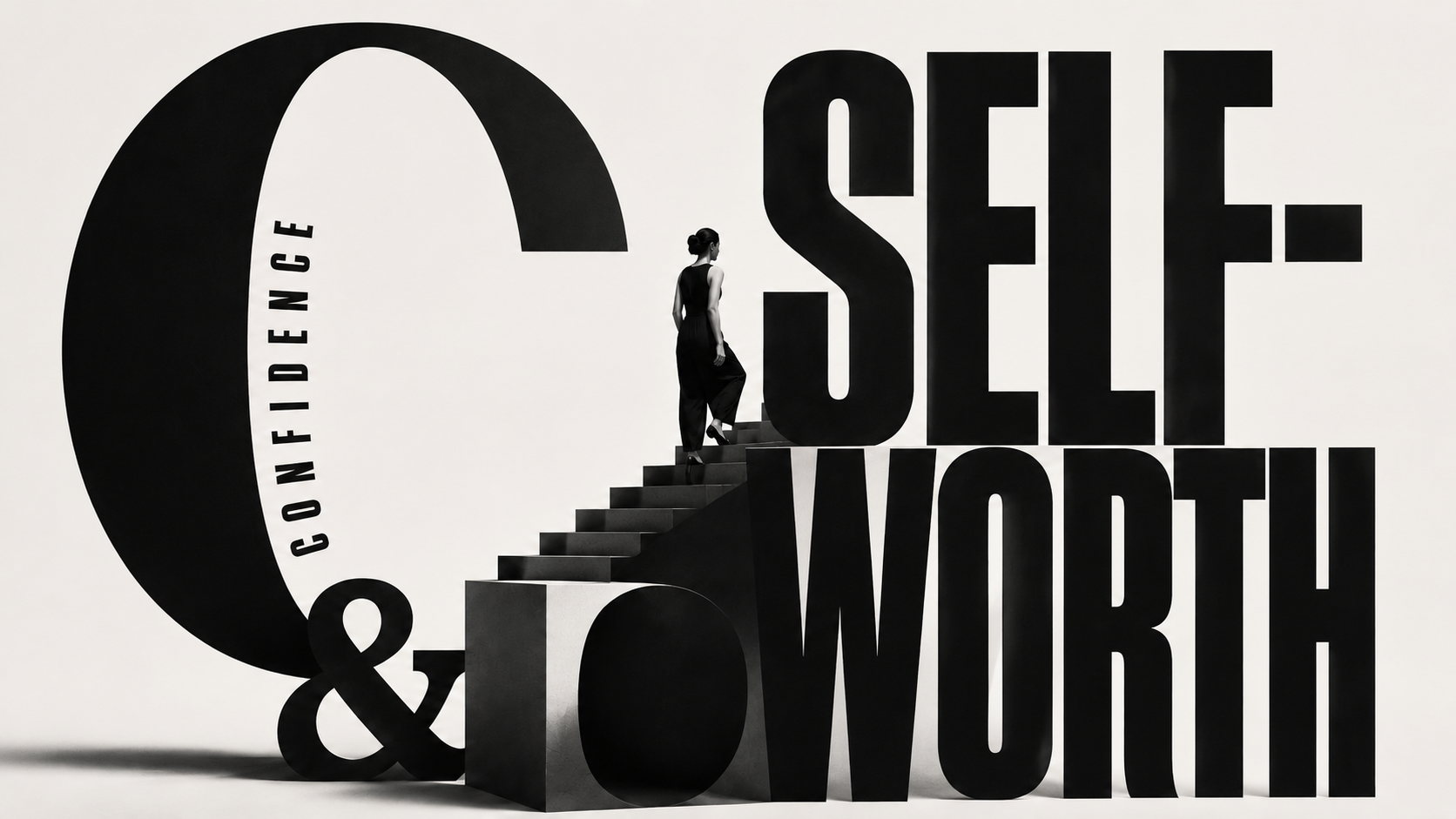 A woman climbing a sculptural staircase between the giant letters of &lsquo;confidence & self-worth&rsquo;.
