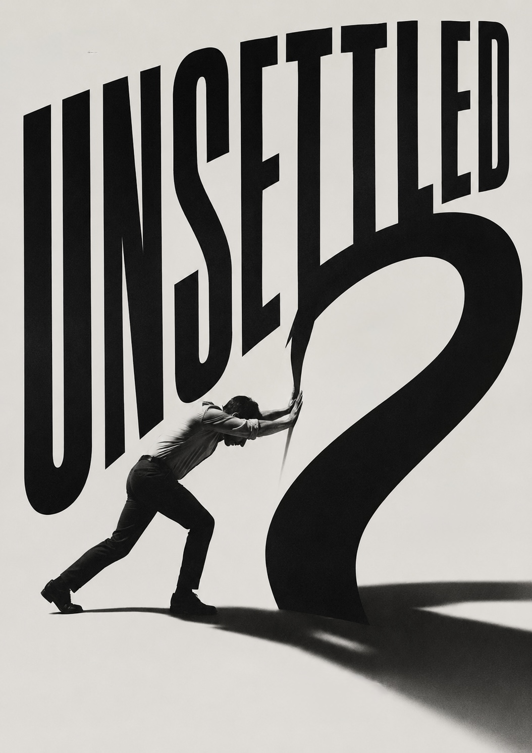 A figure leaning hard into the towering word &lsquo;unsettled&rsquo;, pushing it forward until its tail curls into a question mark.