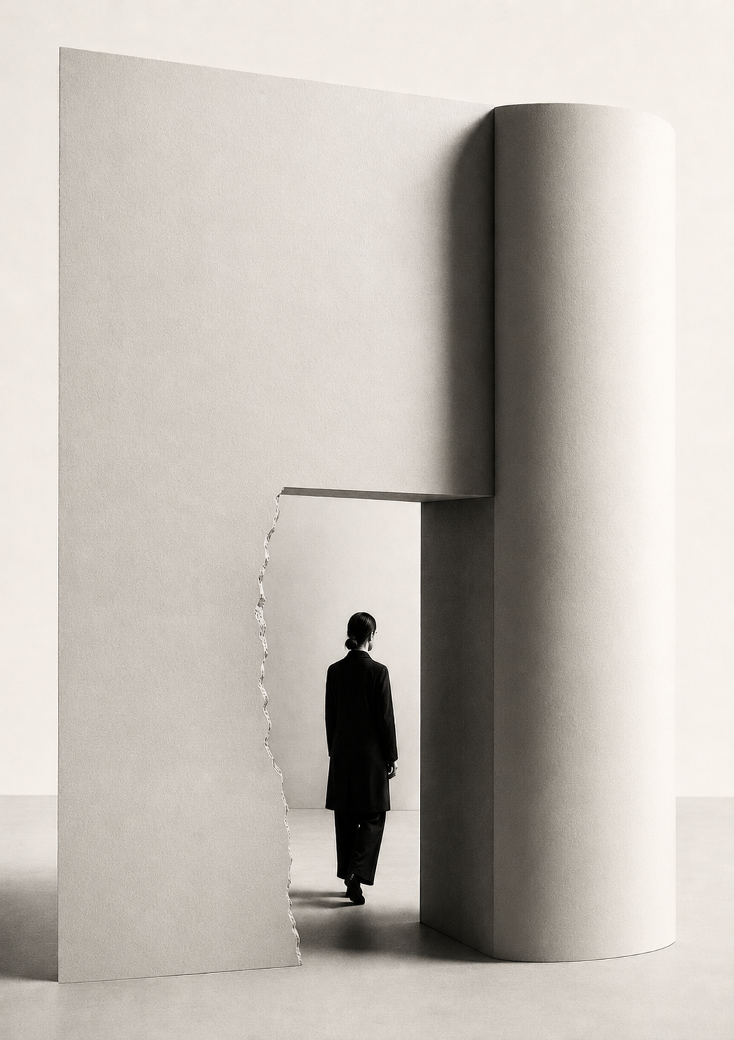 A figure in dark clothing walking through a doorway cut into a vast pale wall, one edge of the opening torn and rough, the other clean, passing from one space into the next.