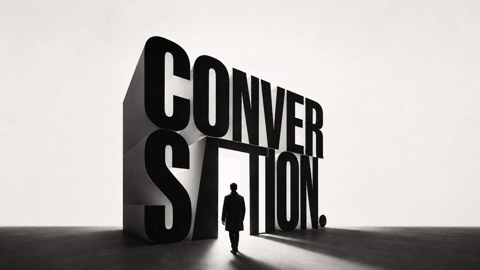 A lone figure walking into the towering word &lsquo;conversation&rsquo;, the letters opening like a doorway of light.