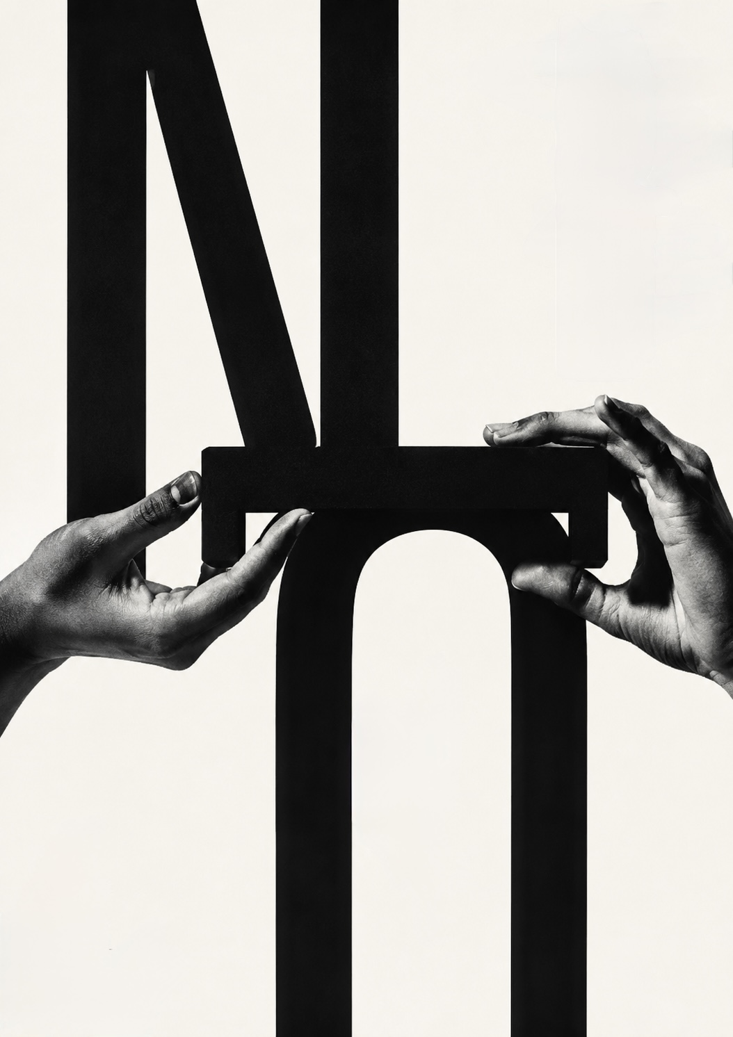 Two pairs of hands holding the disassembled strokes of a letter together, the safe pair of hands quietly keeping the whole shape standing.