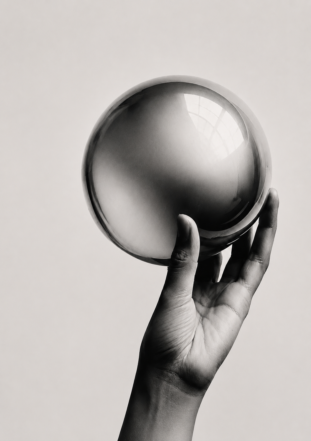 A hand holding up a flawless mirror-polished sphere, its perfect surface catching the light while the effort of holding it stays hidden below.