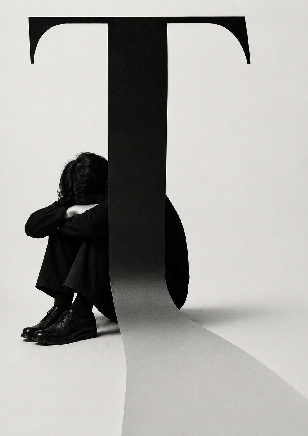 A person sitting curled and hidden at the foot of a towering letter T, the letter&rsquo;s stem stretching away as a long shadow.