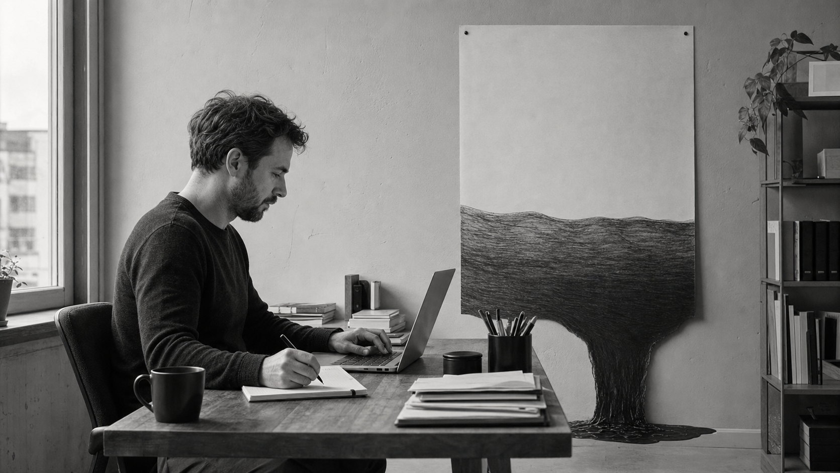 A man works at a desk beside a large drawing of a tree whose entire root system hangs exposed below it.