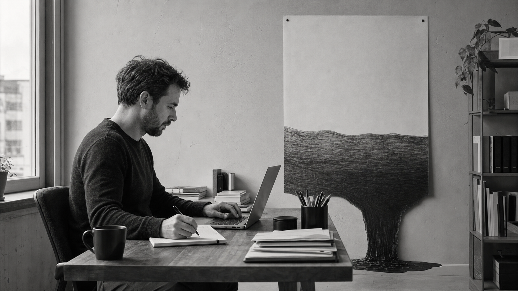 A man works at a desk beside a large drawing of a tree whose entire root system hangs exposed below it.