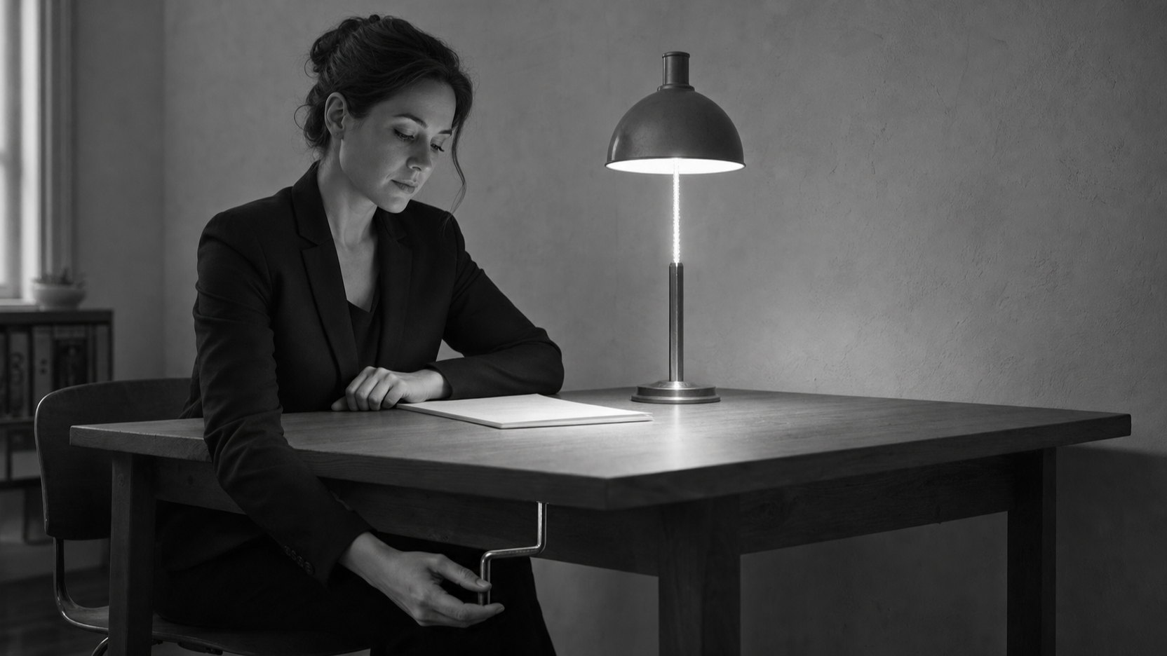 A woman works late under a desk lamp, her hand reaching beneath the table to hold the underside of the top she is working on.