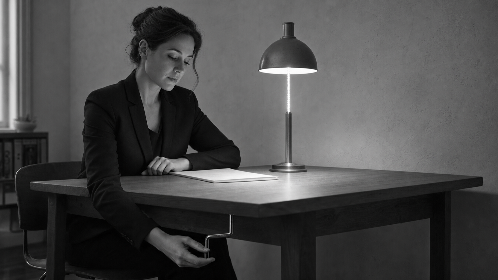 A woman works late under a desk lamp, her hand reaching beneath the table to hold the underside of the top she is working on.