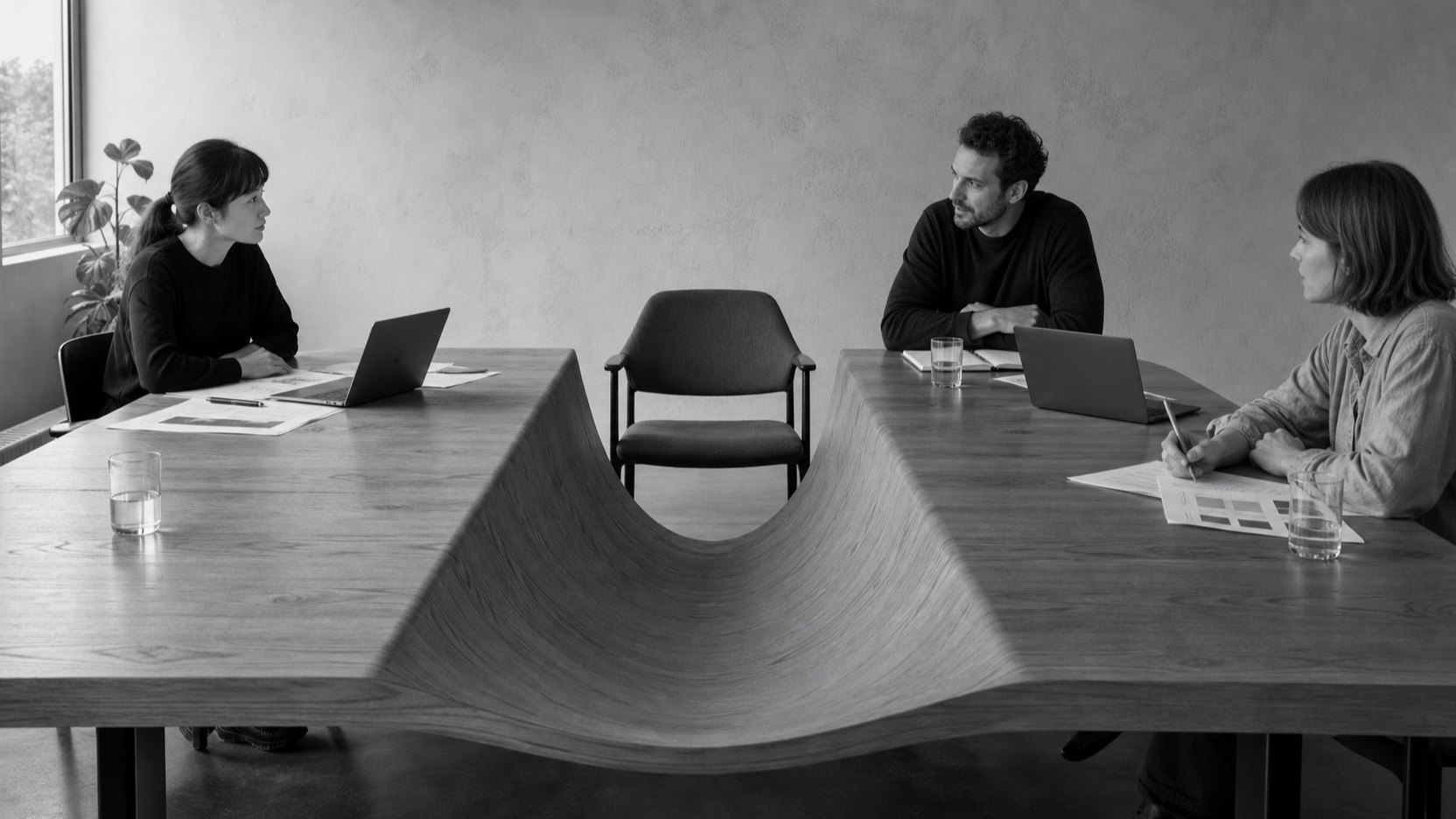 Colleagues work on either side of a meeting table whose centre has sunk into a deep trough around an empty chair.