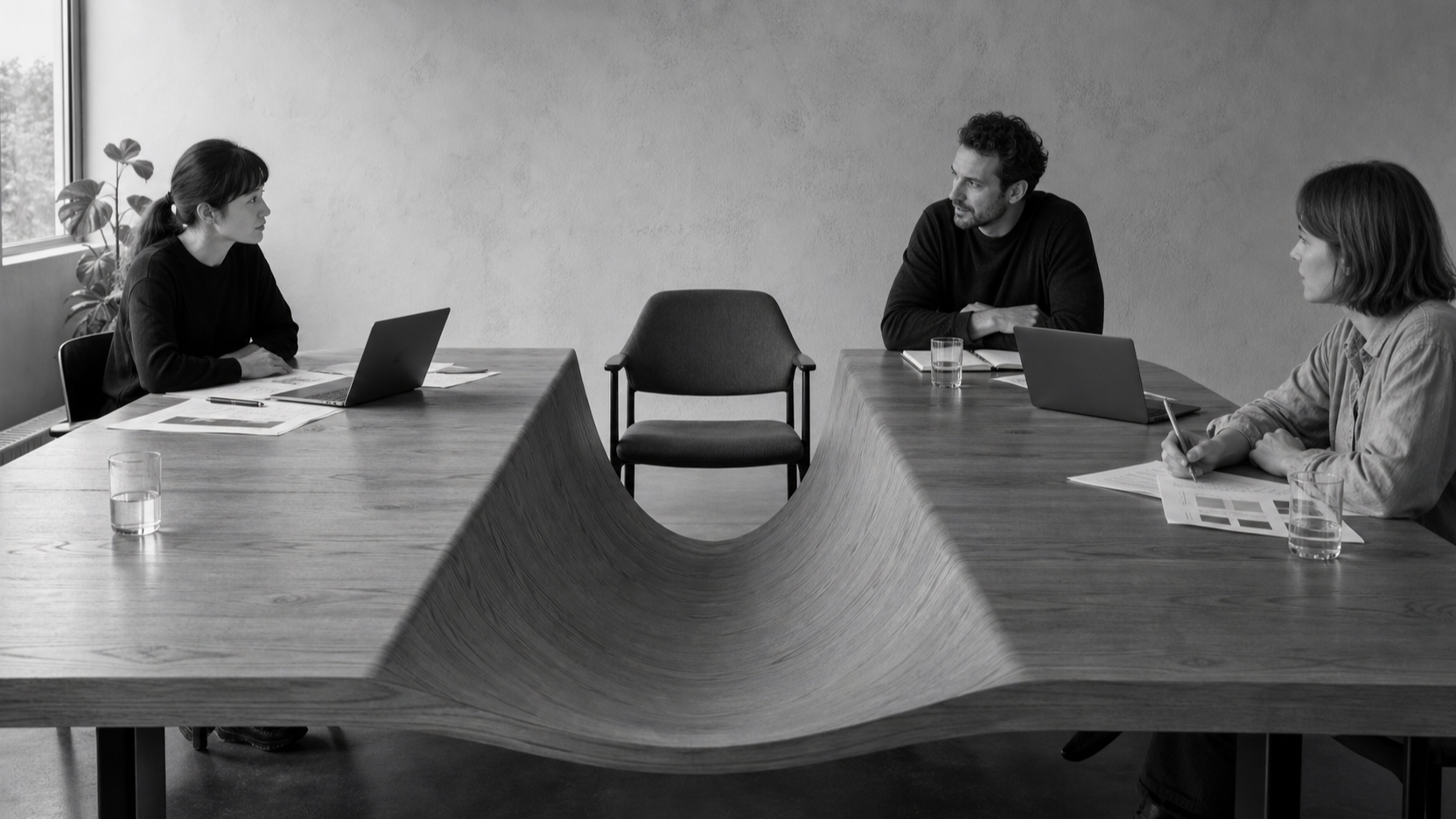 Colleagues work on either side of a meeting table whose centre has sunk into a deep trough around an empty chair.