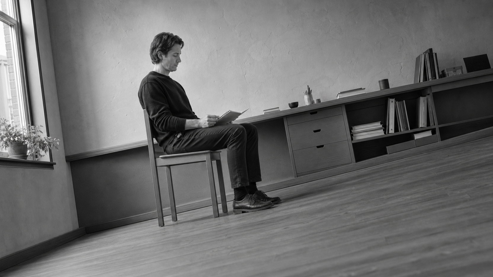 A man sits reading on a plain chair set slightly away from a low cabinet, in a room where the floor has been left bare.