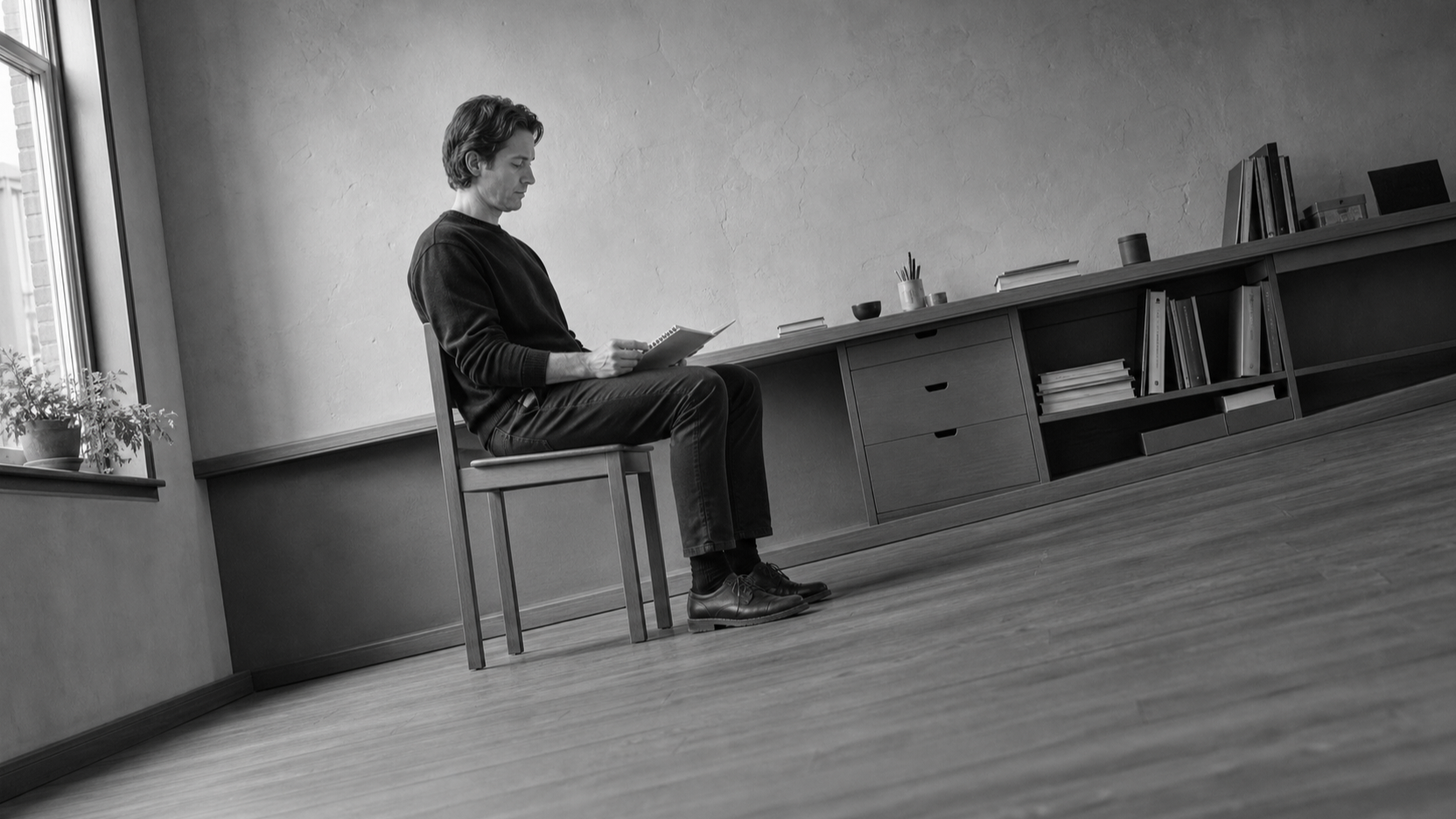 A man sits reading on a plain chair set slightly away from a low cabinet, in a room where the floor has been left bare.