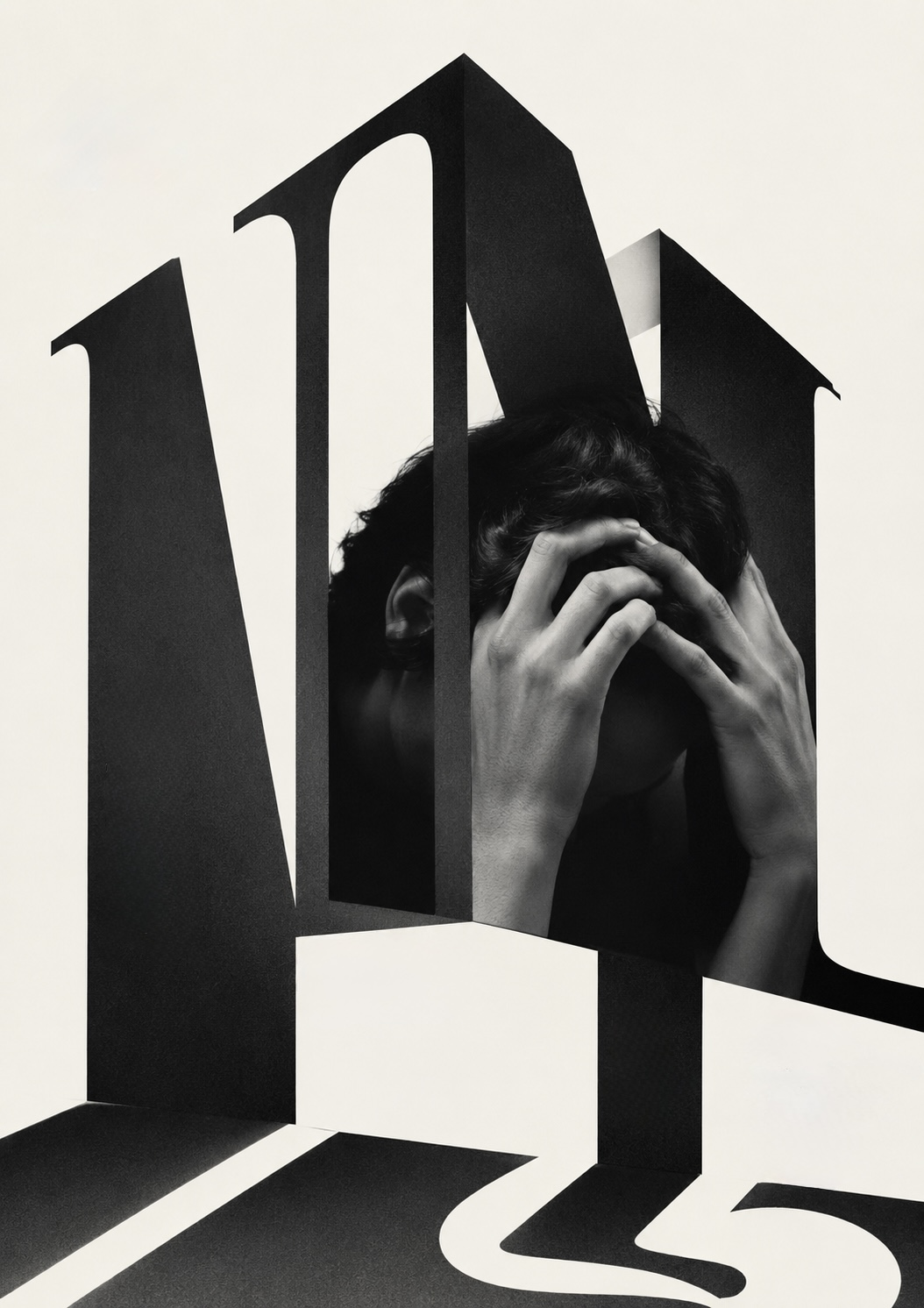 A figure with their head in their hands, half-hidden inside the strokes of monumental letters that both shelter and enclose them.
