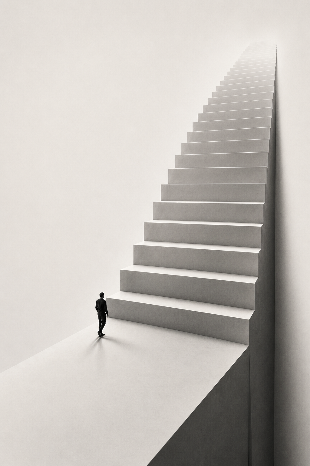 A small figure standing at the foot of a vast staircase that climbs and fades gently into light above.