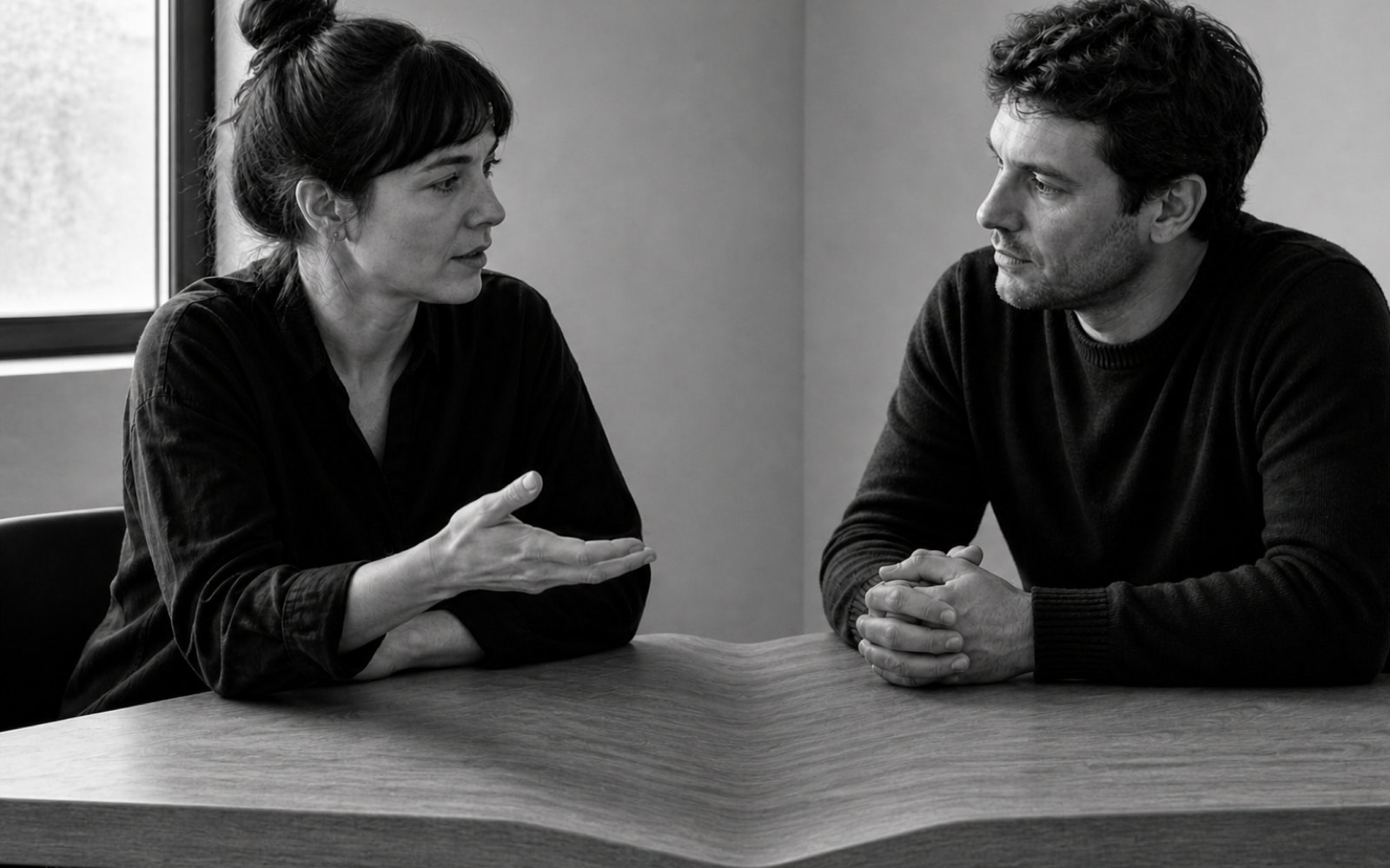 A woman gestures with an open palm to a man with clasped hands across a wooden meeting table whose continuous surface and front edge fold into a downward V between them.