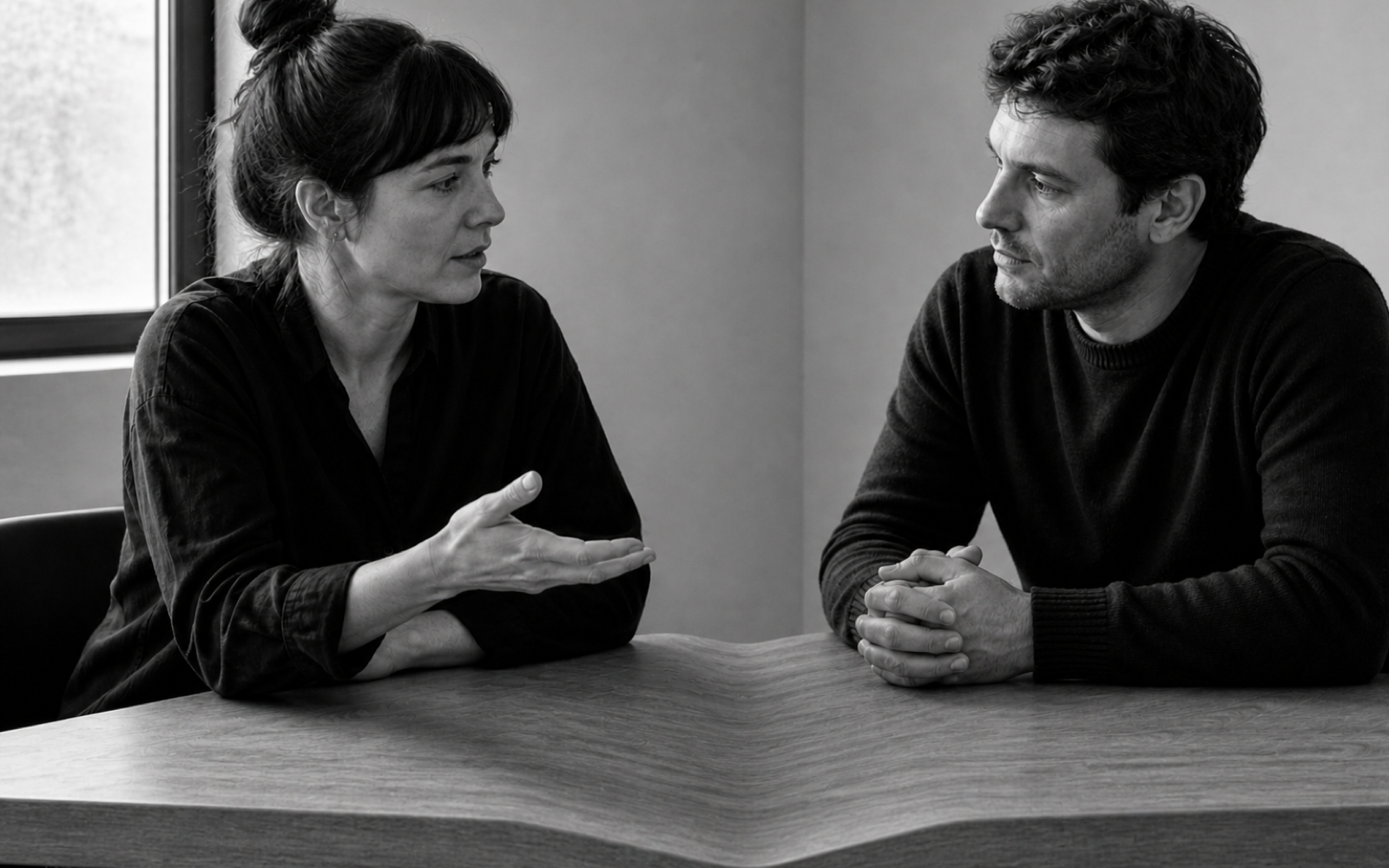 A woman gestures with an open palm to a man with clasped hands across a wooden meeting table whose continuous surface and front edge fold into a downward V between them.