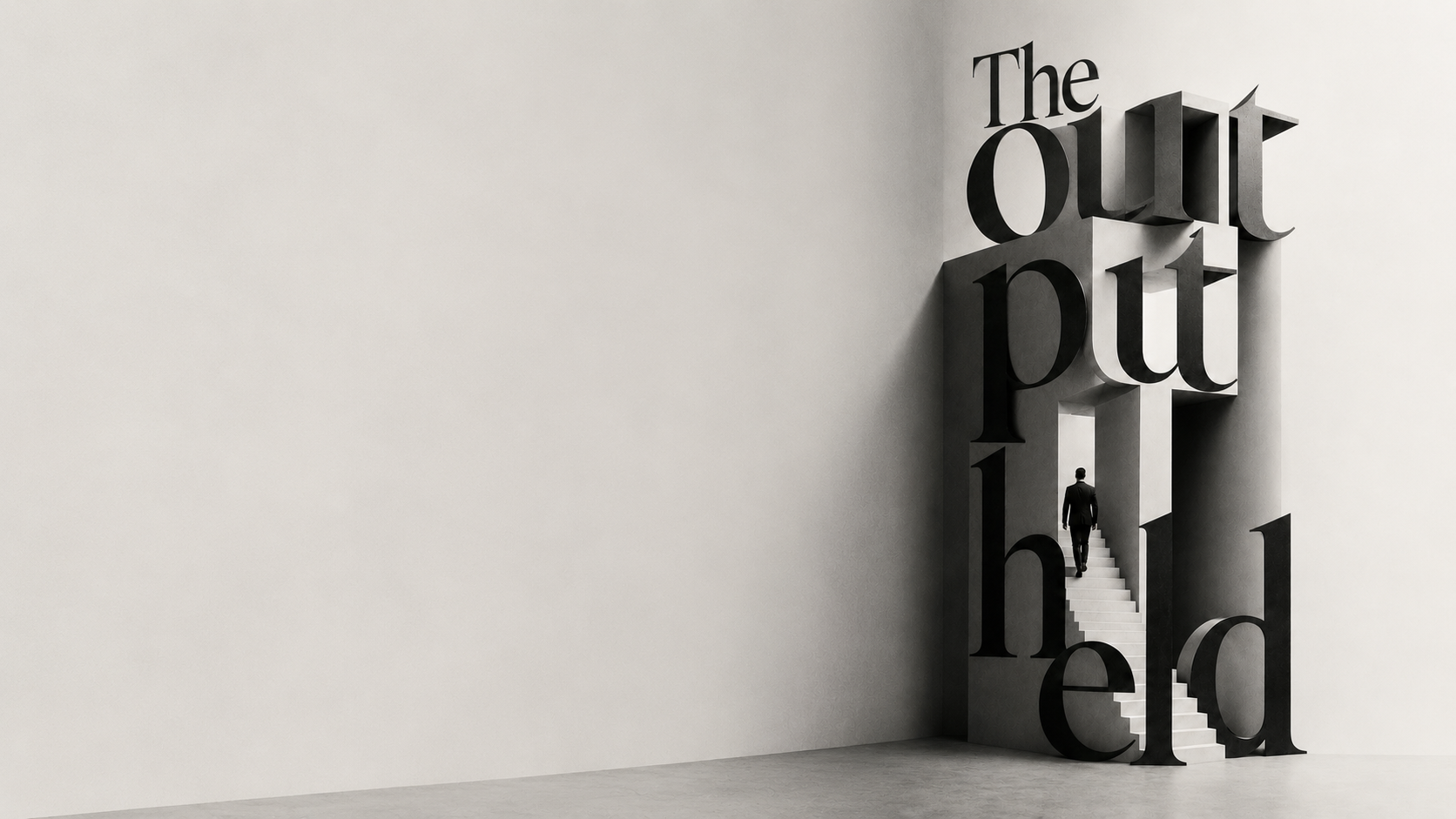 Sculptural serif type spelling &lsquo;The output held&rsquo; stacked into a corner, a staircase carved into the letters and a small suited figure climbing it toward the light.
