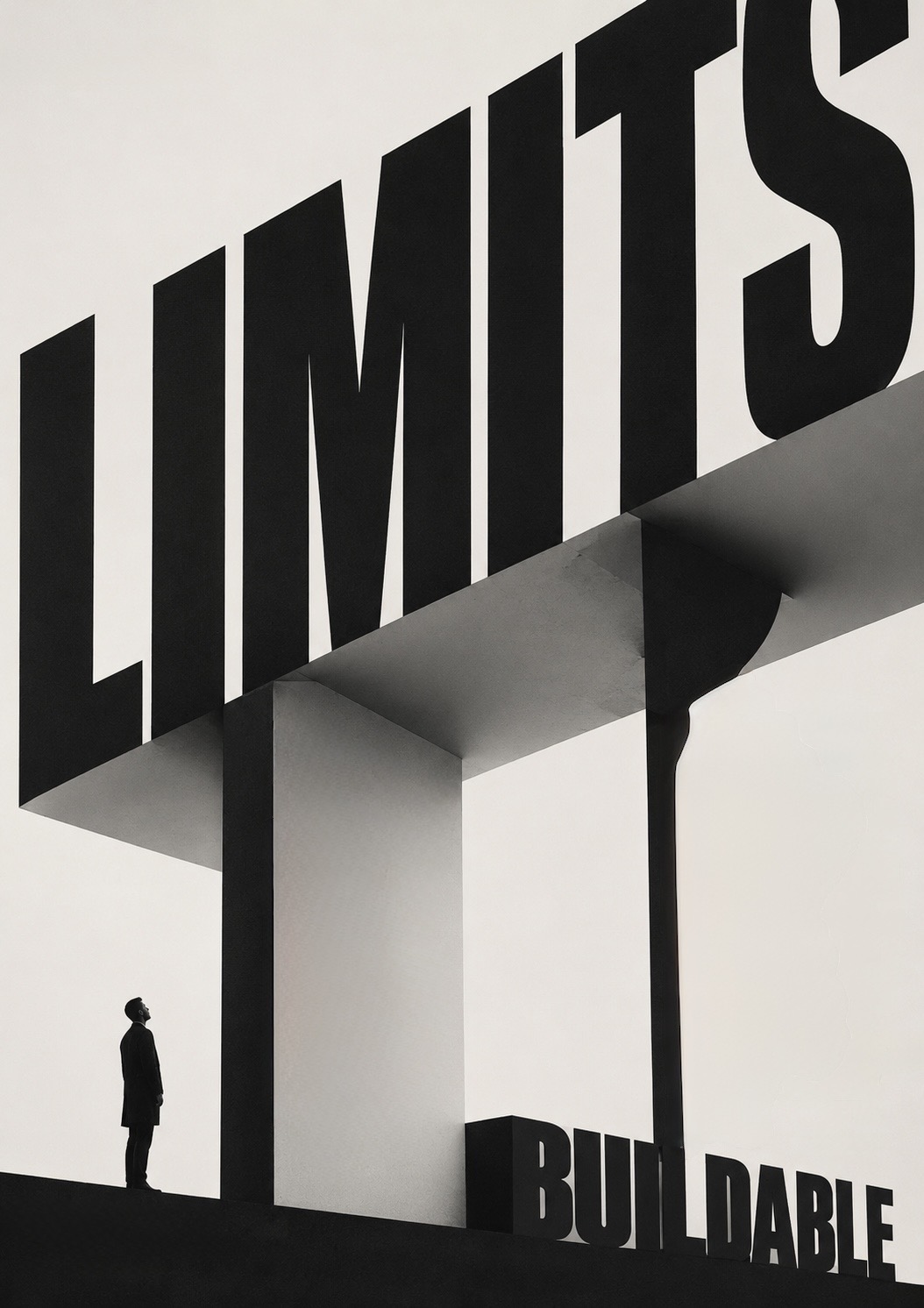 The word LIMITS in monumental letters, a small figure standing on a ledge beneath it, and the word BUILDABLE set into the base.