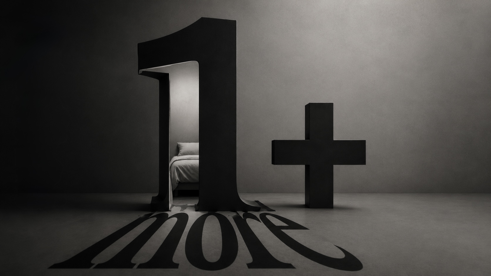 A monumental sculpted numeral 1 with a small, neatly made bed set inside its opening, standing beside a plus sign and casting a long shadow that spells the word &lsquo;more&rsquo;.