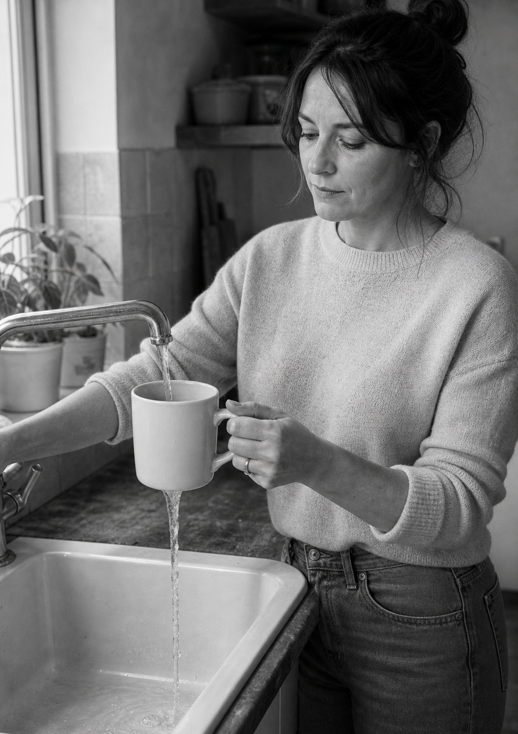 A woman fills a mug at the kitchen sink while the water runs straight through the cup and out of its base.