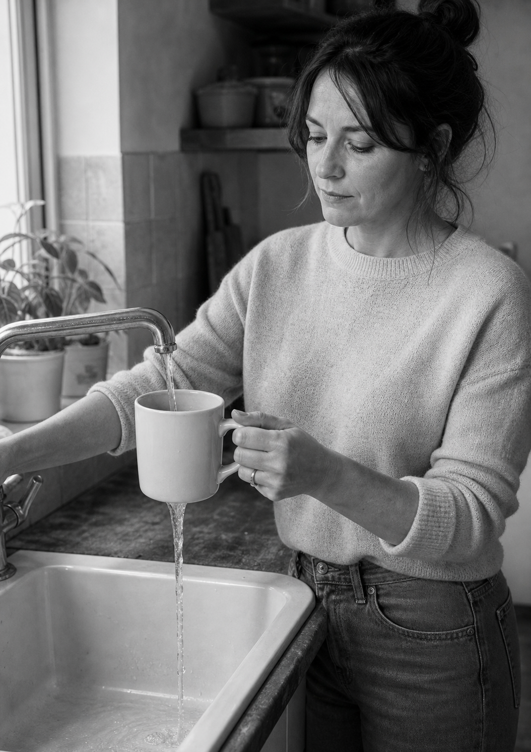 A woman fills a mug at the kitchen sink while the water runs straight through the cup and out of its base.