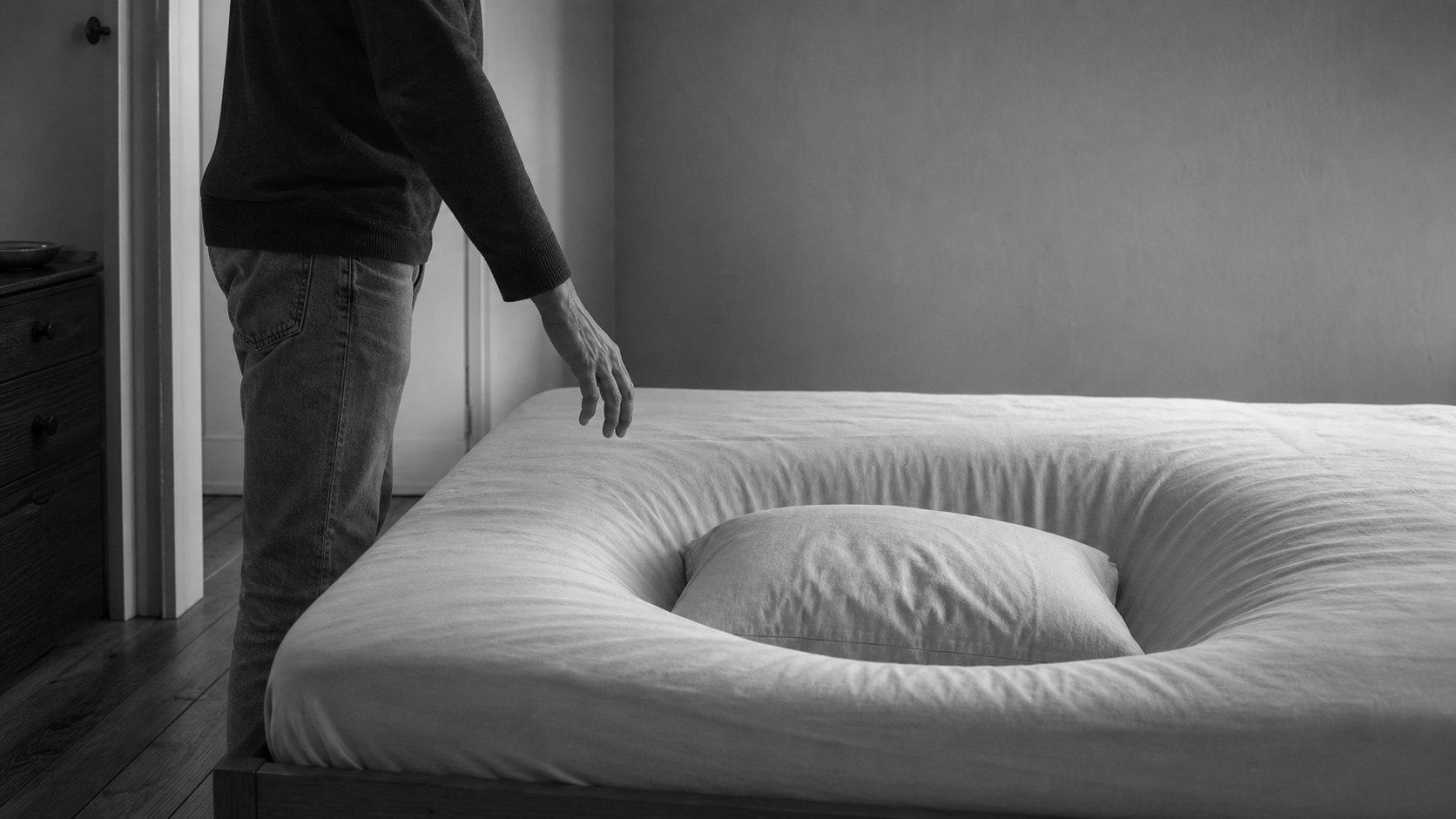 A person reaches towards a made bed whose surface has sunk into a deep crater around the pillow.