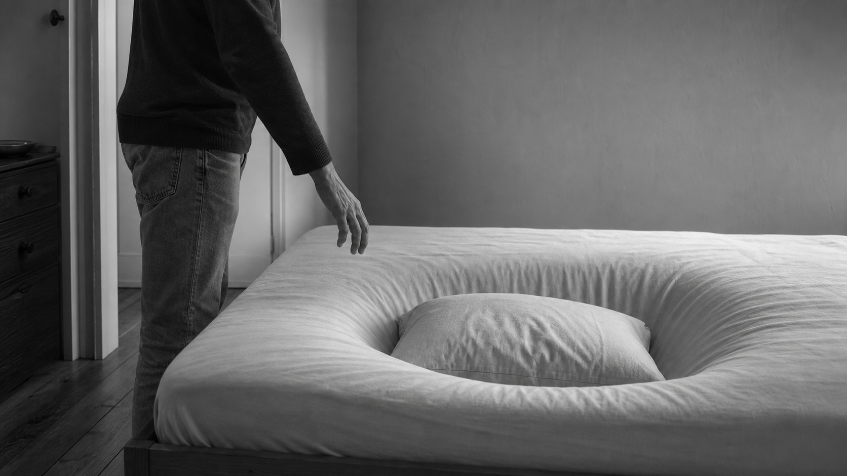 A person reaches towards a made bed whose surface has sunk into a deep crater around the pillow.