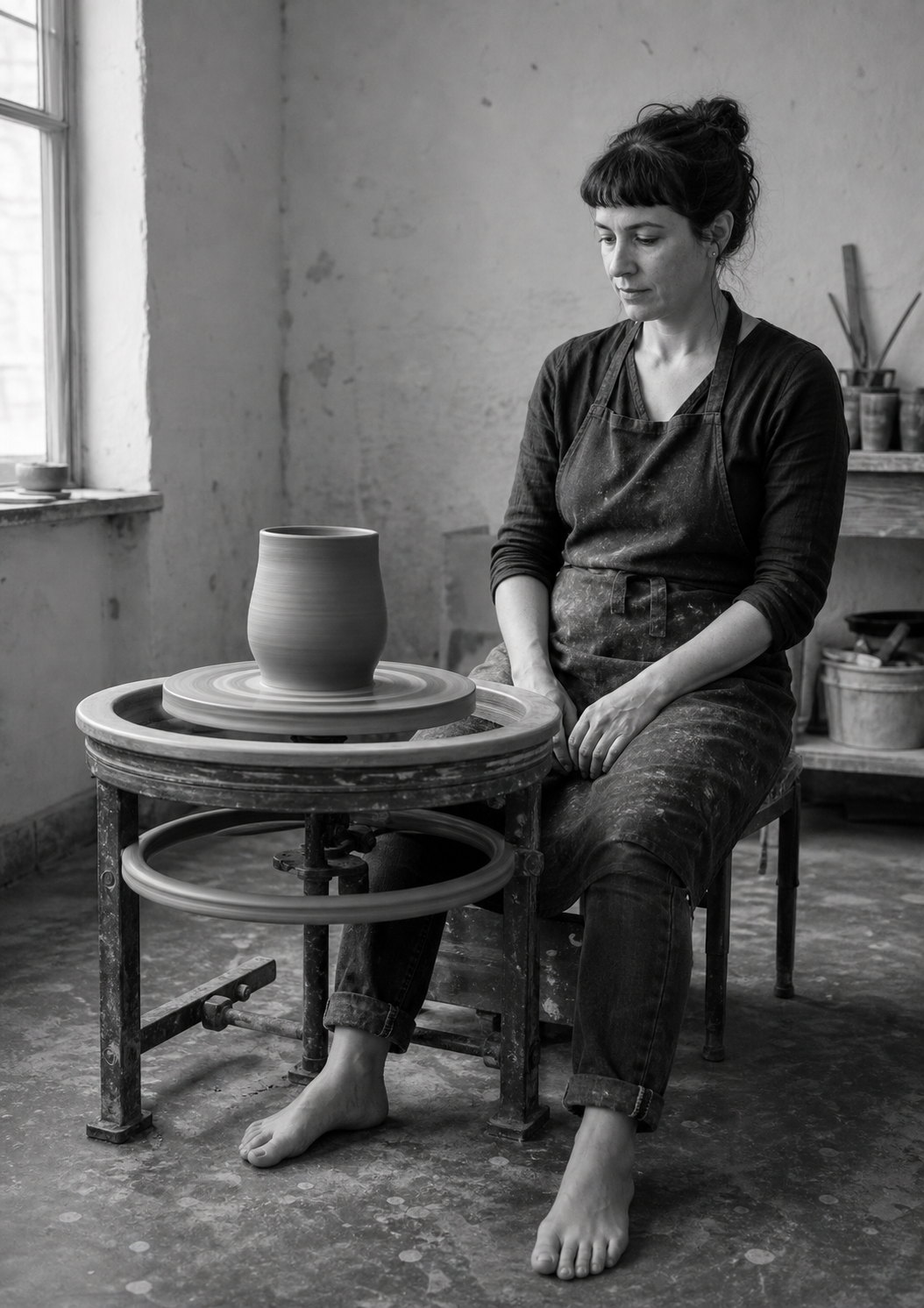 A potter sits barefoot beside her wheel, hands off the clay, the finished pot still turning in front of her.