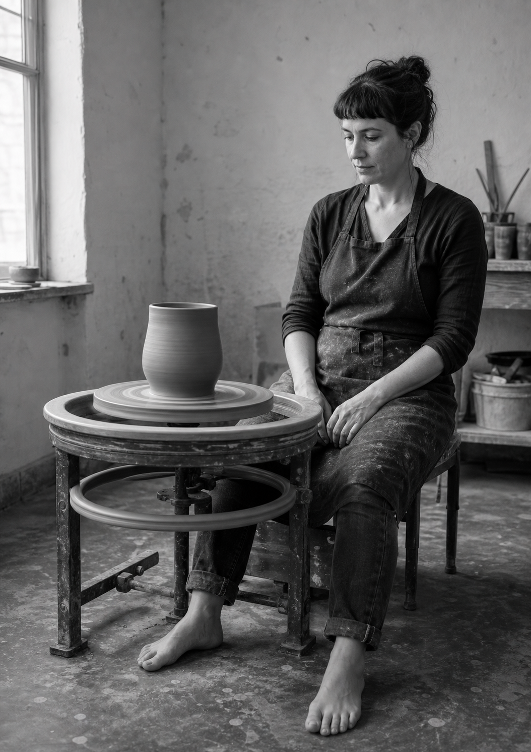 A potter sits barefoot beside her wheel, hands off the clay, the finished pot still turning in front of her.
