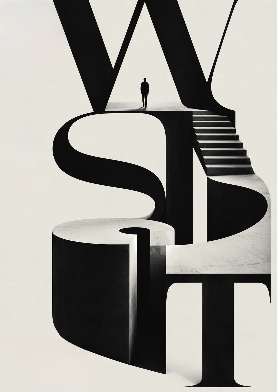 A lone figure standing atop a sculptural staircase formed from the overlapping letters of the word &lsquo;worth&rsquo;.