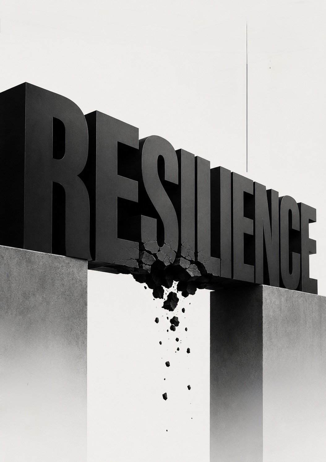 The word RESILIENCE sculpted in heavy letters resting across concrete pillars, one end crumbling and falling away into fragments.