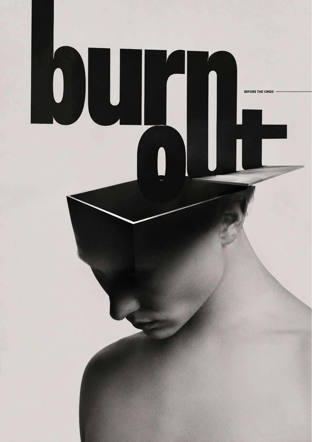 A downturned head shown as an open box with the lid lifted, the word &lsquo;burnout&rsquo; rising out of it in tall sculpted letters.