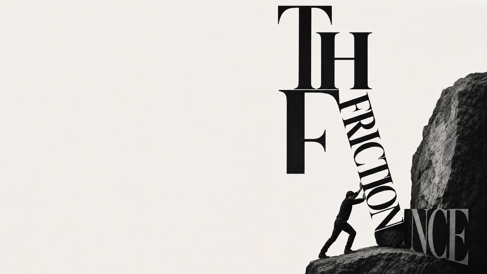 A lone figure pushing the toppling letters of the word &lsquo;friction&rsquo; up a rock slope, the sculpted words &lsquo;the friction&rsquo; and &lsquo;absence&rsquo; framing the scene.